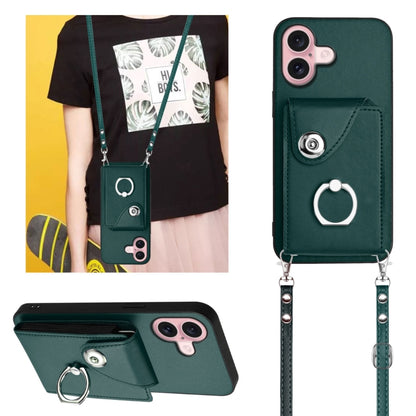 For iPhone 16 Organ Card Bag Ring Holder Phone Case with Long Lanyard(Green) by buy2fix