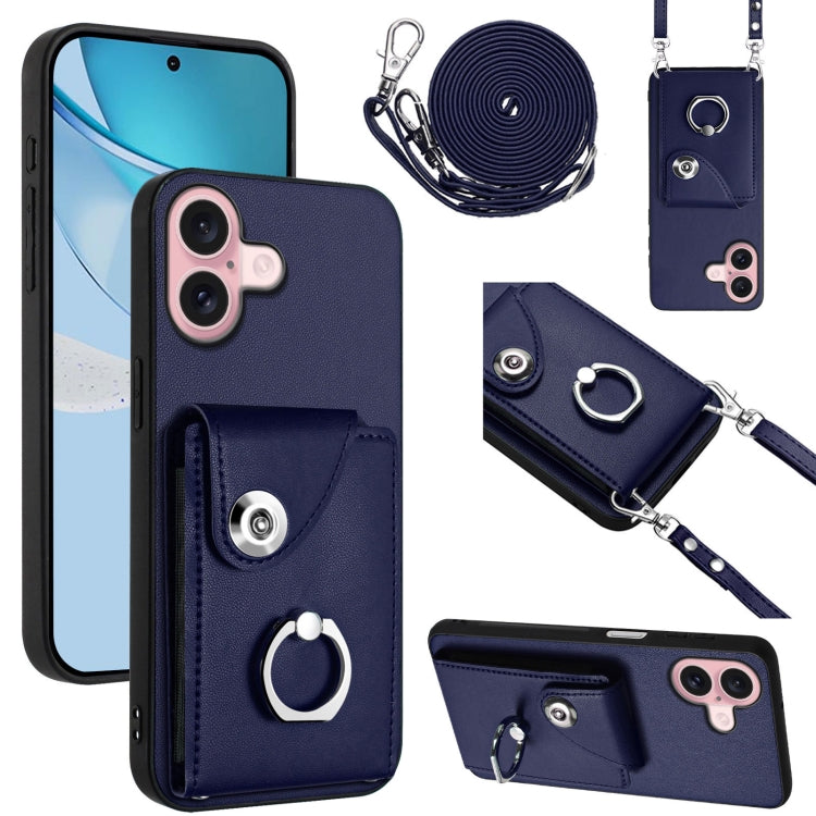 For iPhone 16 Organ Card Bag Ring Holder Phone Case with Long Lanyard(Blue) by buy2fix