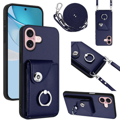 For iPhone 16 Organ Card Bag Ring Holder Phone Case with Long Lanyard(Blue) by buy2fix
