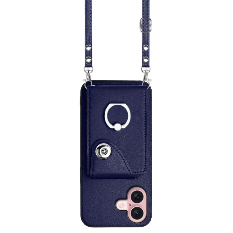 For iPhone 16 Organ Card Bag Ring Holder Phone Case with Long Lanyard(Blue) by buy2fix