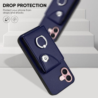 For iPhone 16 Organ Card Bag Ring Holder Phone Case with Long Lanyard(Blue) by buy2fix