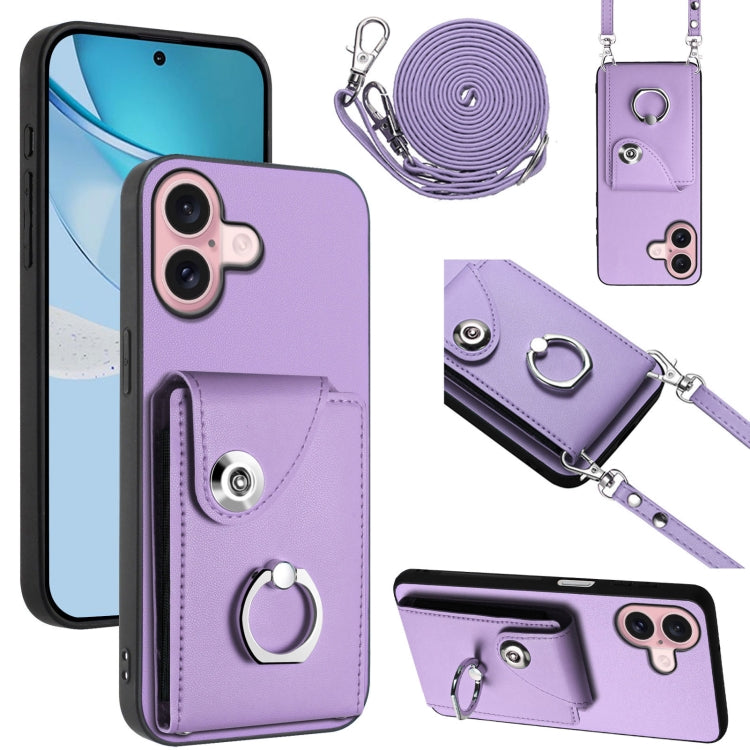 For iPhone 16 Organ Card Bag Ring Holder Phone Case with Long Lanyard(Purple) by buy2fix