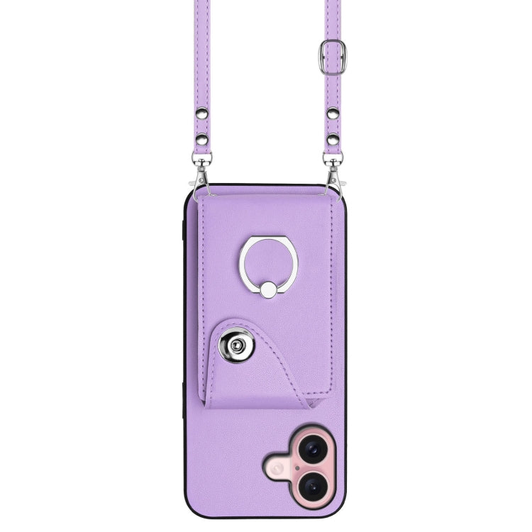 For iPhone 16 Organ Card Bag Ring Holder Phone Case with Long Lanyard(Purple) by buy2fix