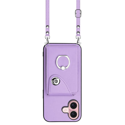 For iPhone 16 Organ Card Bag Ring Holder Phone Case with Long Lanyard(Purple) by buy2fix