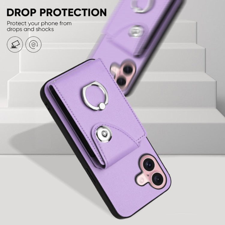 For iPhone 16 Organ Card Bag Ring Holder Phone Case with Long Lanyard(Purple) by buy2fix