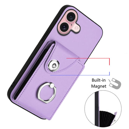 For iPhone 16 Organ Card Bag Ring Holder Phone Case with Long Lanyard(Purple) by buy2fix