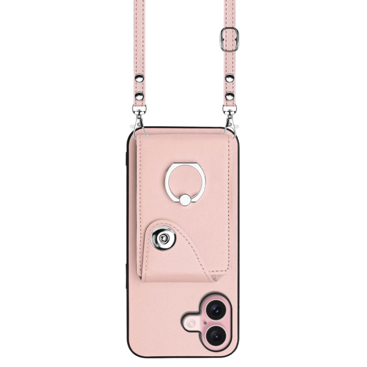 For iPhone 16 Organ Card Bag Ring Holder Phone Case with Long Lanyard(Pink) by buy2fix