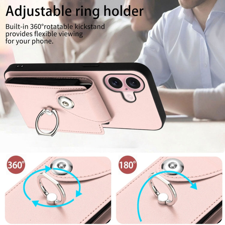 For iPhone 16 Organ Card Bag Ring Holder Phone Case with Long Lanyard(Pink) by buy2fix