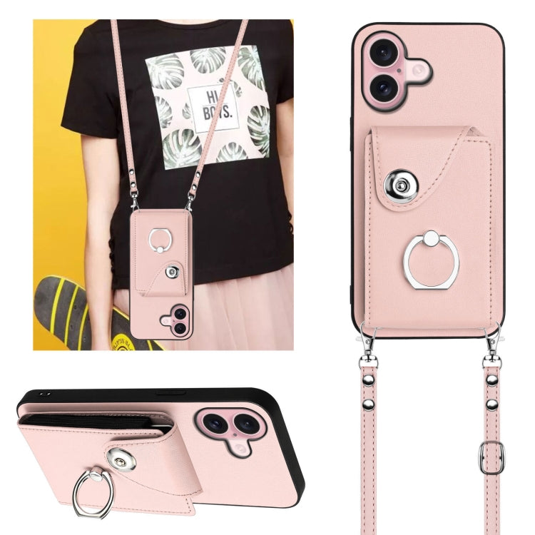 For iPhone 16 Organ Card Bag Ring Holder Phone Case with Long Lanyard(Pink) by buy2fix