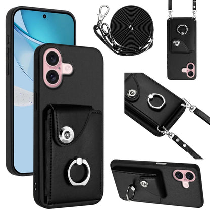 For iPhone 16 Organ Card Bag Ring Holder Phone Case with Long Lanyard(Black) by buy2fix