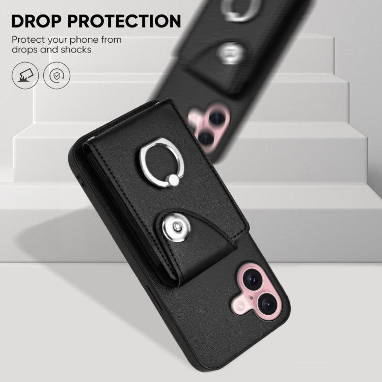 For iPhone 16 Organ Card Bag Ring Holder Phone Case with Long Lanyard(Black) by buy2fix