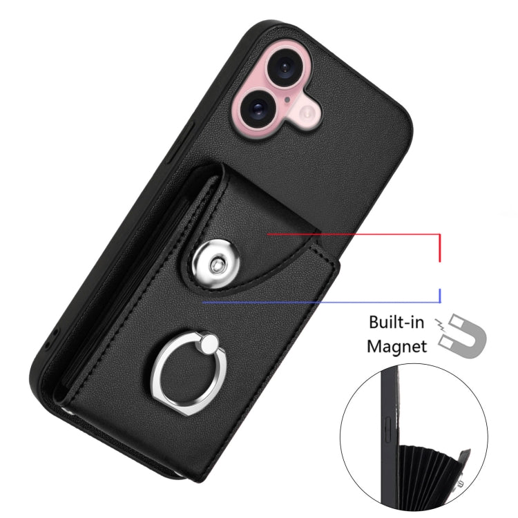 For iPhone 16 Organ Card Bag Ring Holder Phone Case with Long Lanyard(Black) by buy2fix