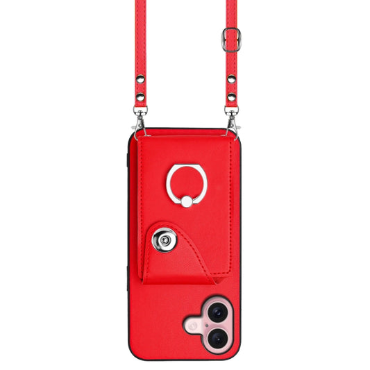 For iPhone 16 Organ Card Bag Ring Holder Phone Case with Long Lanyard(Red) by buy2fix