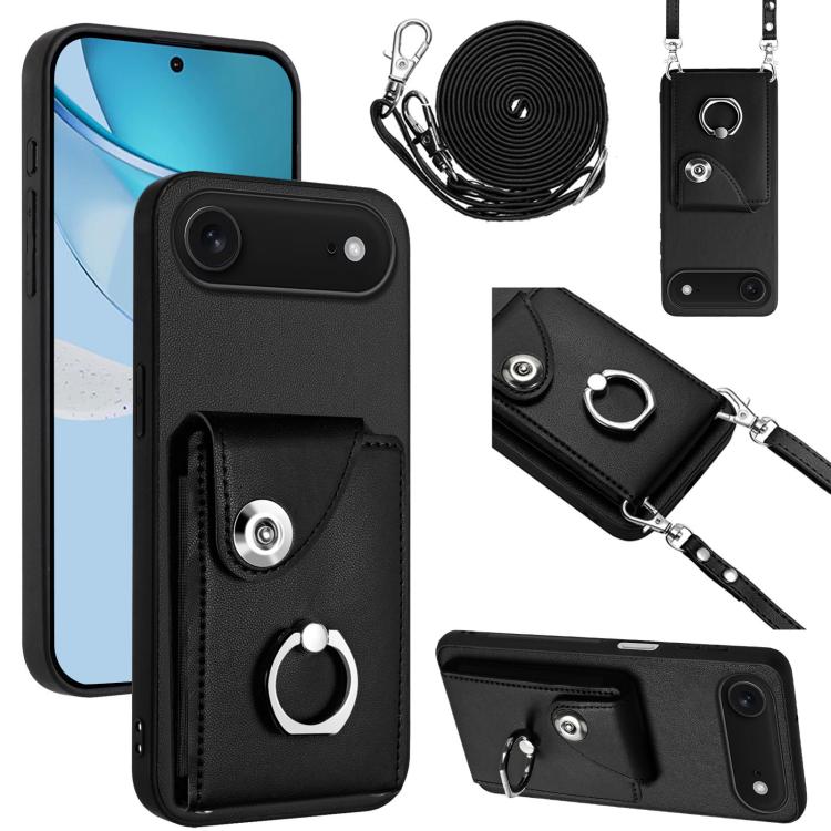 For iPhone Air Organ Card Bag Ring Holder Phone Case with Long Lanyard(Black) - iPhone Air Cases by buy2fix | Online Shopping UK | buy2fix