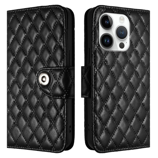 For iPhone 16 Pro Rhombic Texture Flip Leather Phone Case with Lanyard(Black) by buy2fix