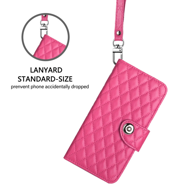 For iPhone 16 Pro Rhombic Texture Flip Leather Phone Case with Lanyard(Rose Red) - iPhone 16 Pro Cases by buy2fix | Online Shopping UK | buy2fix