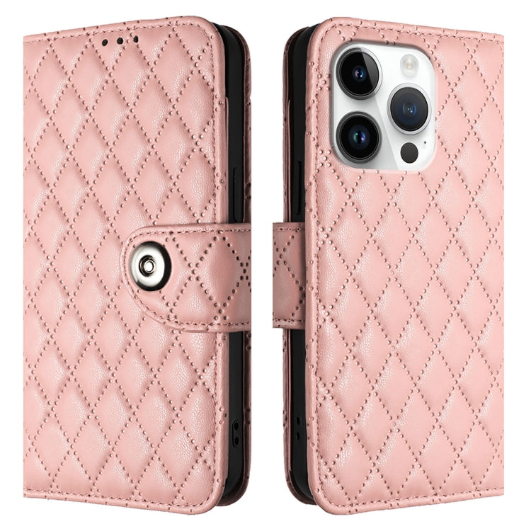 For iPhone 16 Pro Rhombic Texture Flip Leather Phone Case with Lanyard(Coral Pink) - iPhone 16 Pro Cases by buy2fix | Online Shopping UK | buy2fix