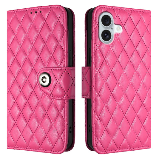 For iPhone 16 Plus Rhombic Texture Flip Leather Phone Case with Lanyard(Rose Red) by buy2fix