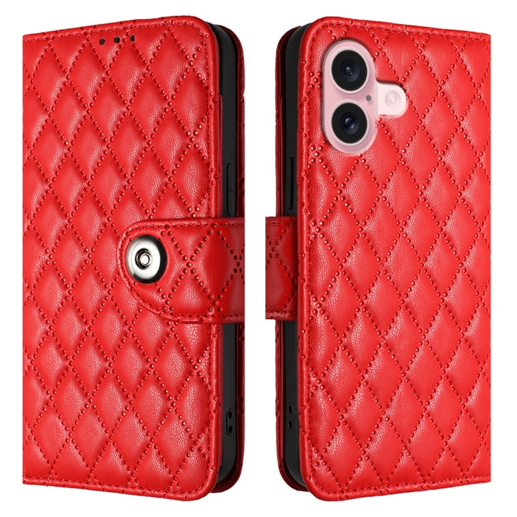 For iPhone 16 Rhombic Texture Flip Leather Phone Case with Lanyard(Red) - iPhone 16 Cases by buy2fix | Online Shopping UK | buy2fix