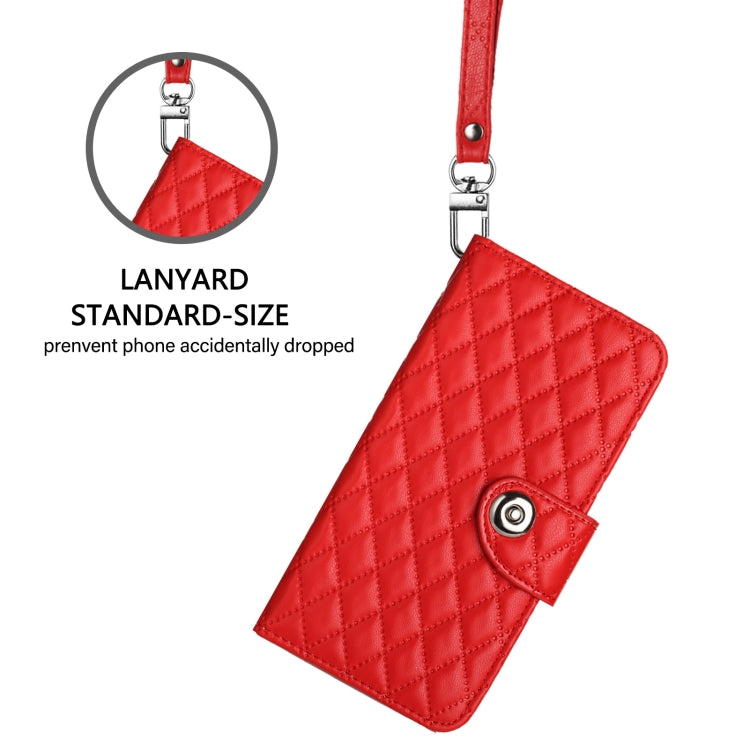 For iPhone 16 Rhombic Texture Flip Leather Phone Case with Lanyard(Red) - iPhone 16 Cases by buy2fix | Online Shopping UK | buy2fix