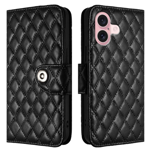 For iPhone 16 Rhombic Texture Flip Leather Phone Case with Lanyard(Black) by buy2fix