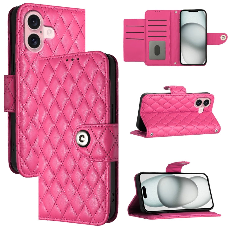 For iPhone 16 Rhombic Texture Flip Leather Phone Case with Lanyard(Rose Red) - iPhone 16 Cases by buy2fix | Online Shopping UK | buy2fix