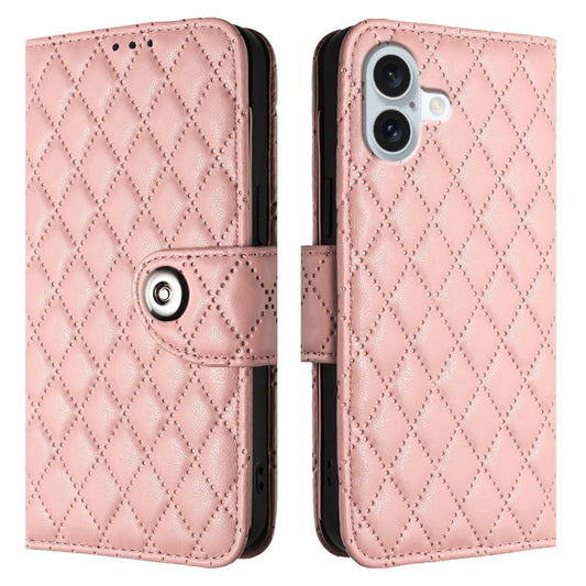 For iPhone 16 Rhombic Texture Flip Leather Phone Case with Lanyard(Coral Pink) by buy2fix