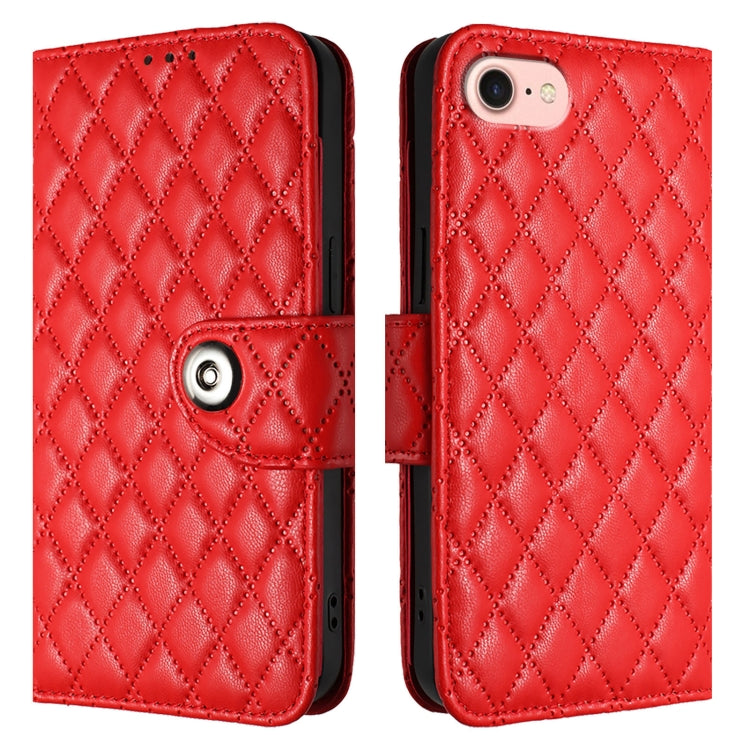 For iPhone SE 2024 Rhombic Texture Flip Leather Phone Case with Lanyard(Red) by buy2fix
