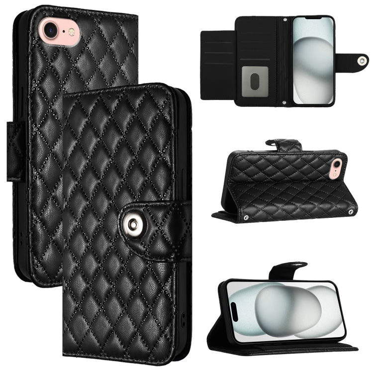 For iPhone SE 2024 Rhombic Texture Flip Leather Phone Case with Lanyard(Black) - More iPhone Cases by buy2fix | Online Shopping UK | buy2fix