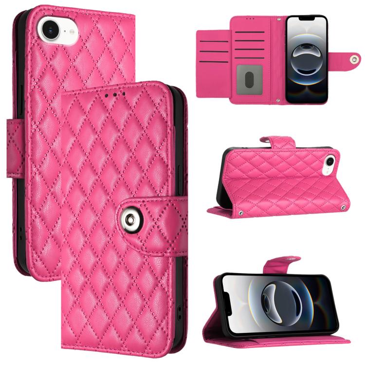 For iPhone SE 2024 Rhombic Texture Flip Leather Phone Case with Lanyard(Rose Red) by buy2fix