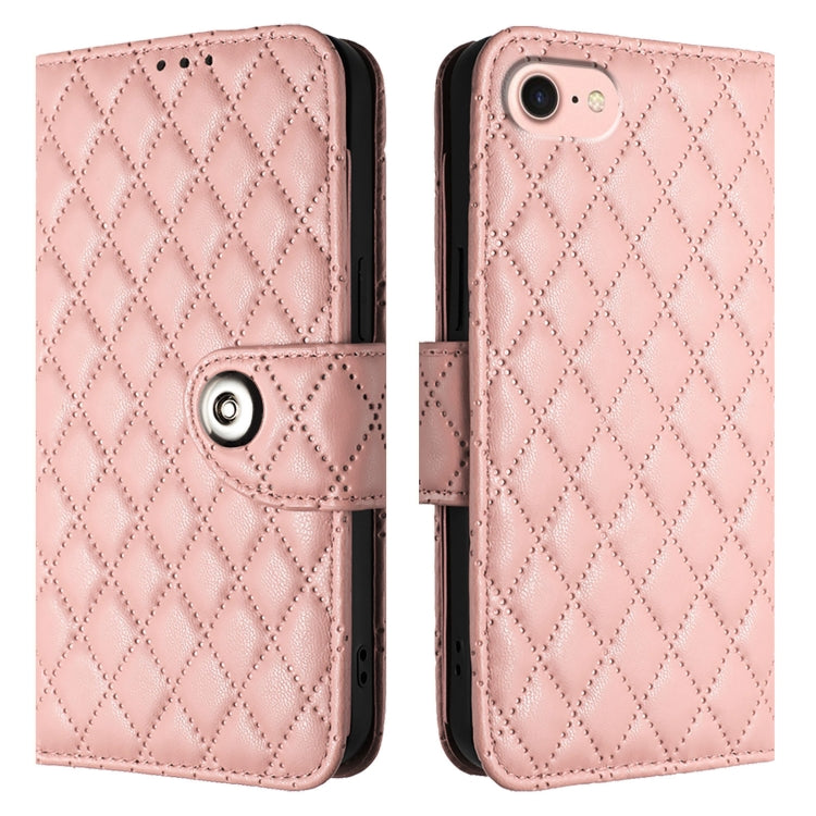 For iPhone SE 2024 Rhombic Texture Flip Leather Phone Case with Lanyard(Coral Pink) by buy2fix