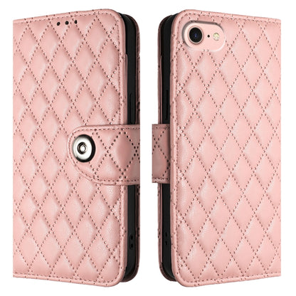For iPhone SE 2024 Rhombic Texture Flip Leather Phone Case with Lanyard(Coral Pink) by buy2fix