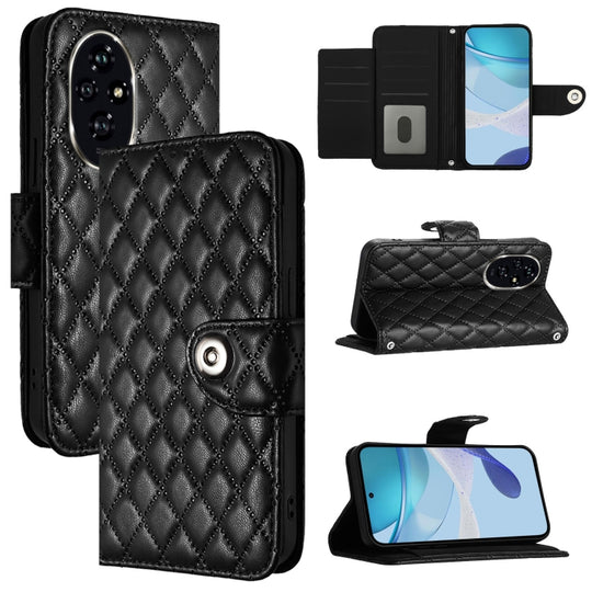 For Honor 200 Pro Rhombic Texture Flip Leather Phone Case with Lanyard(Black)