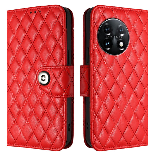 For OnePlus 11 Rhombic Texture Flip Leather Phone Case with Lanyard(Red) by buy2fix