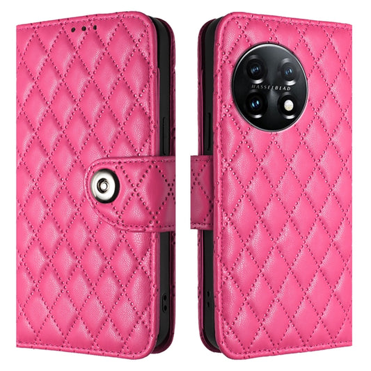 For OnePlus 11 Rhombic Texture Flip Leather Phone Case with Lanyard(Rose Red) by buy2fix