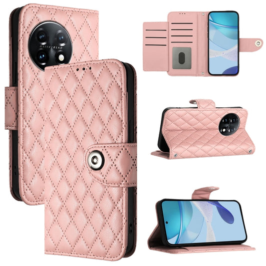 For OnePlus 11 Rhombic Texture Flip Leather Phone Case with Lanyard(Coral Pink) by buy2fix
