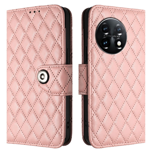 For OnePlus 11 Rhombic Texture Flip Leather Phone Case with Lanyard(Coral Pink) by buy2fix