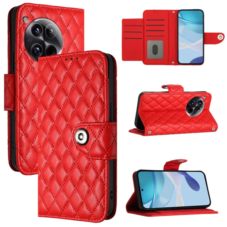 For OnePlus 12 5G Global Rhombic Texture Flip Leather Phone Case with Lanyard(Red) by buy2fix