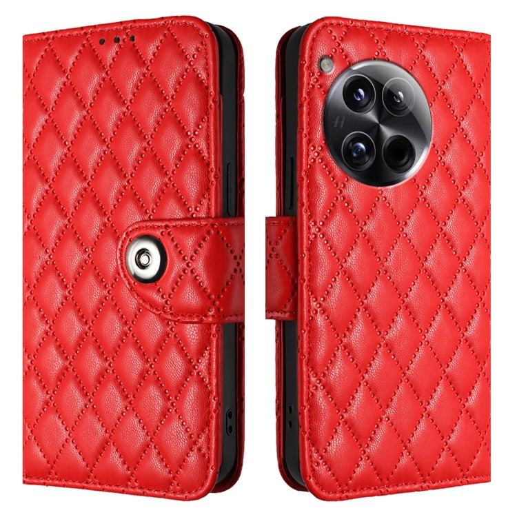 For OnePlus 12 5G Global Rhombic Texture Flip Leather Phone Case with Lanyard(Red) by buy2fix