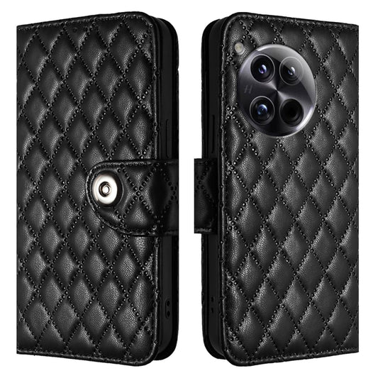 For OnePlus 12 5G Global Rhombic Texture Flip Leather Phone Case with Lanyard(Black) by buy2fix