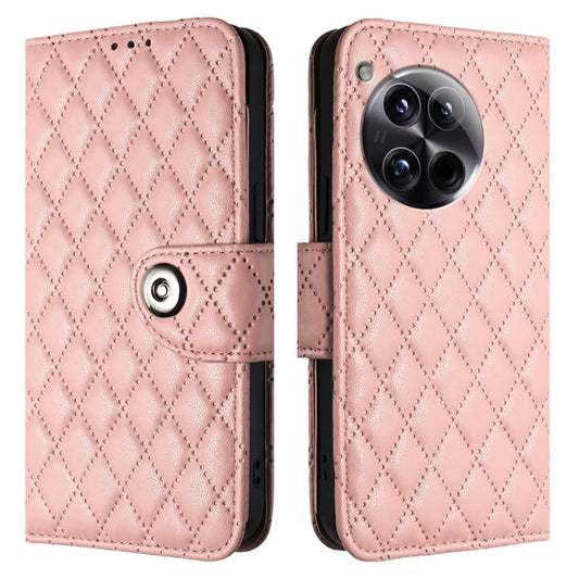 For OnePlus 12 5G Global Rhombic Texture Flip Leather Phone Case with Lanyard(Coral Pink) by buy2fix