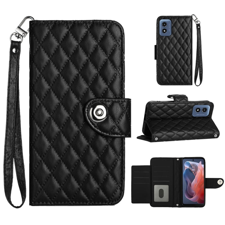 For Motorola Moto G Play 4G 2024 Rhombic Texture Flip Leather Phone Case with Lanyard(Black) - Motorola Cases by buy2fix | Online Shopping UK | buy2fix