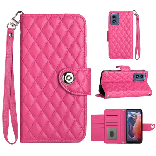 For Motorola Moto G Play 4G 2024 Rhombic Texture Flip Leather Phone Case with Lanyard(Rose Red) - Motorola Cases by buy2fix | Online Shopping UK | buy2fix