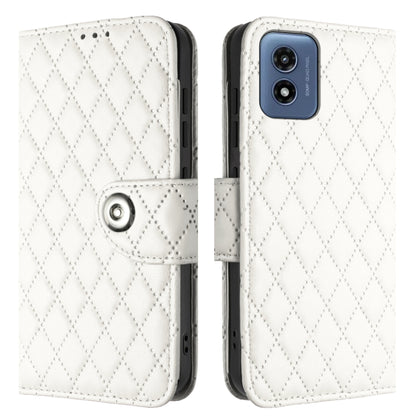 For Motorola Moto G Play 4G 2024 Rhombic Texture Flip Leather Phone Case with Lanyard(White) - Motorola Cases by buy2fix | Online Shopping UK | buy2fix