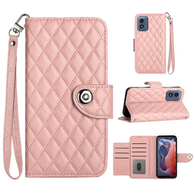 For Motorola Moto G Play 4G 2024 Rhombic Texture Flip Leather Phone Case with Lanyard(Coral Pink) - Motorola Cases by buy2fix | Online Shopping UK | buy2fix