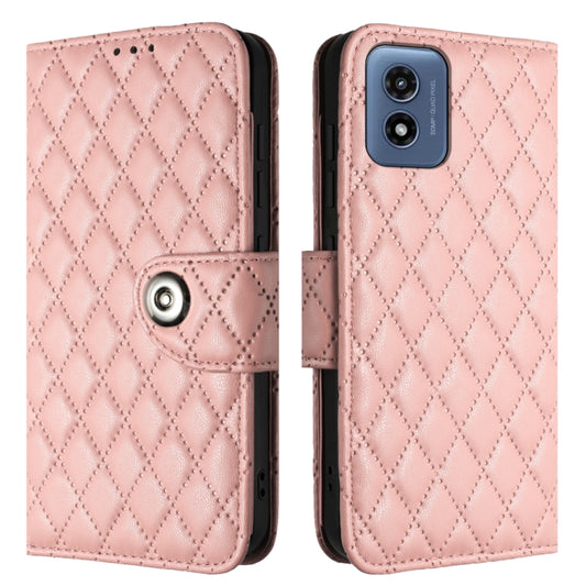 For Motorola Moto G Play 4G 2024 Rhombic Texture Flip Leather Phone Case with Lanyard(Coral Pink) by buy2fix