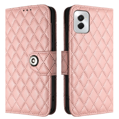 For Motorola Moto G Power 5G 2024 Rhombic Texture Flip Leather Phone Case with Lanyard(Coral Pink) - Motorola Cases by buy2fix | Online Shopping UK | buy2fix