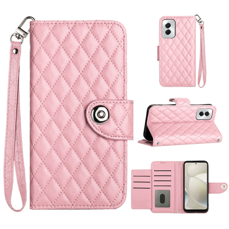 For Motorola Moto G Power 5G 2024 Rhombic Texture Flip Leather Phone Case with Lanyard(Pink) - Motorola Cases by buy2fix | Online Shopping UK | buy2fix