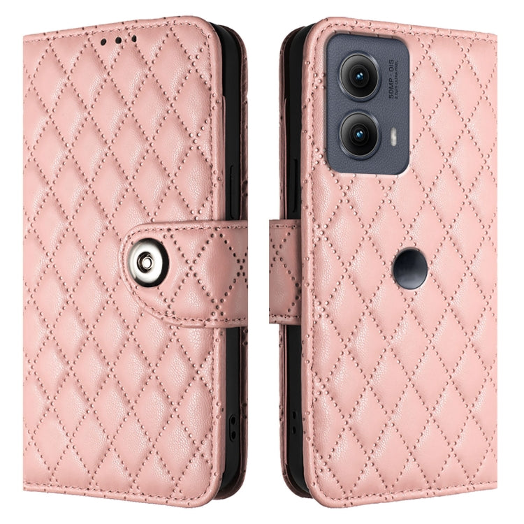 For Motorola Edge 2024 Rhombic Texture Flip Leather Phone Case with Lanyard(Coral Pink) - Motorola Cases by buy2fix | Online Shopping UK | buy2fix