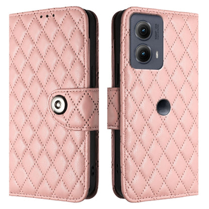 For Motorola Edge 2024 Rhombic Texture Flip Leather Phone Case with Lanyard(Coral Pink) - Motorola Cases by buy2fix | Online Shopping UK | buy2fix